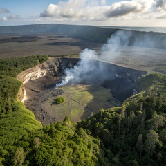 an overgrown volcano crater smoke rising with dark shadows inside