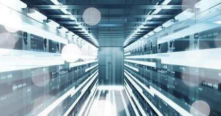 Obraz premium Glowing server cabinets streaming horizontal light streaks in data center corridor, high-tech theme