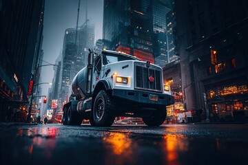 Urban Cement Mixer Truck in Nighttime Cityscape with Neon Lights