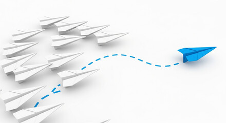 Bold blue paper airplane leads flock of white planes on innovative journey, symbolizing leadership and vision