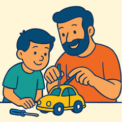 father and son fixing the car