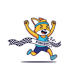 Cartoon fox wearing sportswear triumphantly crosses the finish line, breaking the checkered tape with arms raised in victory.