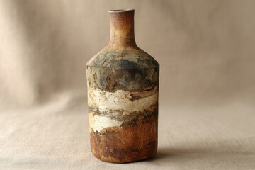 Rustic ceramic vase with earthy tones and textured surface against neutral background for home decor or artistic display