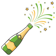 Popping Champagne Bottle with Colorful Confetti and Stars Celebration