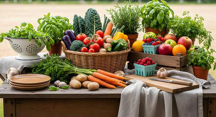 Vibrant assortment of fresh, healthy produce and fruits displayed outdoors on a rustic table.