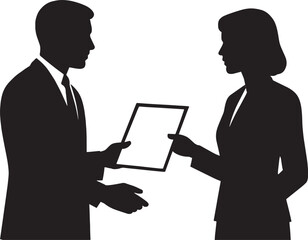 Vector Silhouette of Two People Exchanging Documents – Business Agreement, Partnership, Deal Signing, Corporate Contract, Team Collaboration