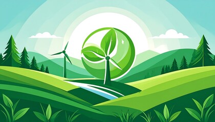 Obraz premium Lush green landscape with wind turbines and nature elements