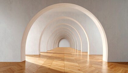 A spacious interior hallway with numerous arched openings, showcasing a light beige color palette and a wooden floor pattern.