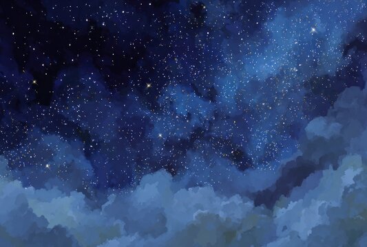 Painted night sky showing fluffy clouds in darker hues, with bright golden stars shining through and surrounding the darker blue cloudy sky