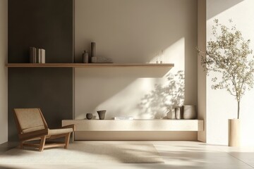 Shelving unit and console table near dark wall. Scandinavian style interior design of modern living room with wooden chair. Created with, Generative AI