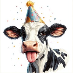 Funny cartoon cow wearing party hat and sticks out tongue isolated over white background. Colorful joyful greeting card for birthday or other festive events. Created with, Generative AI