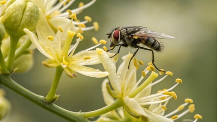 Fly on a White Flower with Yellow Pollen in a Close Up Macro Shot