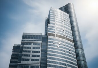 Obraz premium Modern glass office building towering against blue sky