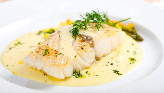 A plate of cooked white fish with sauce and vegetables
