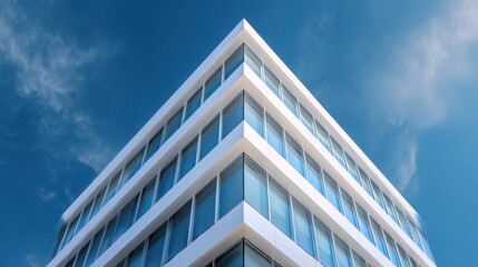 Ultra quality image of modern white office building corner, glass windows, blue sky.