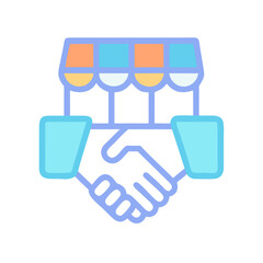 Business partnership illustrated with handshake and store front graphic