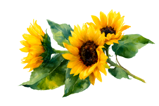 sunflower flowers on isolated white, watercolor drawng, botanical painting