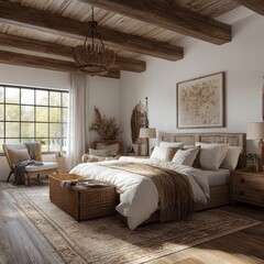 French country interior design of modern bedroom, Generative AI