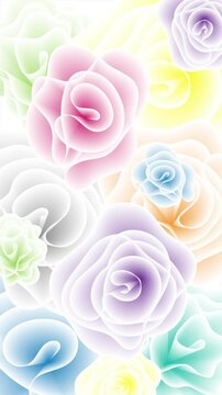 Looped animated background of randomly rotating colorful flowers in vertical format