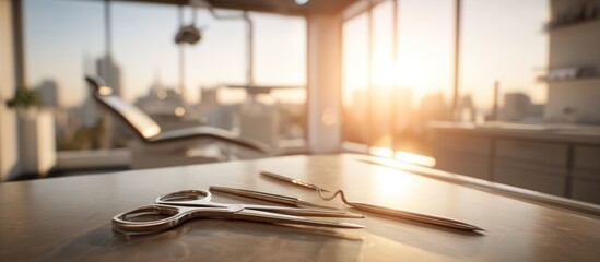 Dental tools rest on a shiny surface with a cityscape in the background, illuminated by a bright, setting sun through a large window