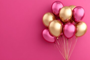 Bunch of shiny pink and golden balloons on magenta background. Card for 30 years anniversary for birthday, wedding or other events. Festive pink background with copy space, Generative AI
