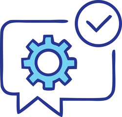 Gear inside a speech bubble with a checkmark icon symbolizing successful task completion and operational efficiency for business and technology concepts