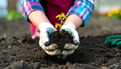 Hands in gloves planting young tomato seedling