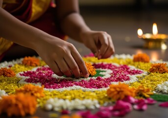 Woman hands creating a colorful floral pattern on the floor for a traditional Onam celebration in India. Festive ritual for Happy Onam festival of South India Kerala.	
