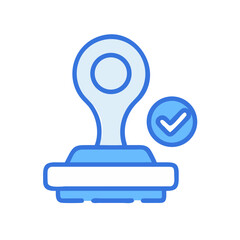 Blue stamp with checkmark icon against black background