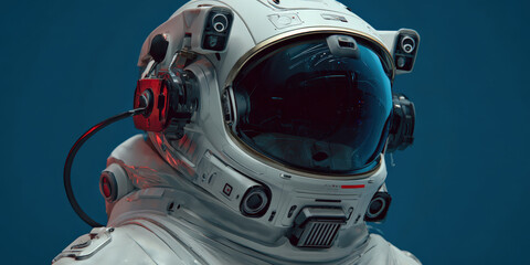 Futuristic astronaut helmet with advanced technology features, including cameras and communication devices, is showcased against blue background, highlighting innovation in space exploration