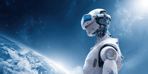 Humanoid robot wearing futuristic helmet stands against backdrop of Earth and space, symbolizing intersection of technology and exploration. scene evokes sense of innovation and discovery