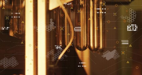 Glowing tubes interacting with digital interface elements in data center with pipes and cables