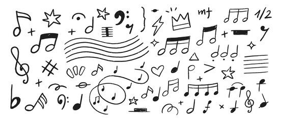 Music notes hand drawn doodle vector illustration set. Freehand sketch melody symbol elements.