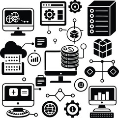 Modern tech icons set computer cloud database analytics flowchart and gear symbols for digital innovations