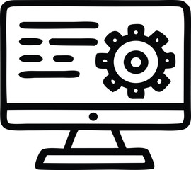 Digital gear icon on computer screen representing software development technology and automation concepts for businesses