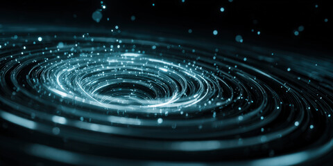 Mesmerizing digital spiral of glowing blue data streams converges into central point, creating futuristic and dynamic visual effect. image evokes sense of motion and technology