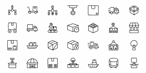 Fototapeta premium An array of logistics and delivery icons including boxes trucks ships and warehouse equipment in black outline