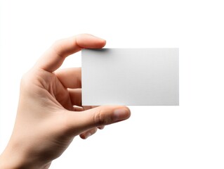 Obraz premium Hand holds a blank, white card on a white background, angled slightly, in a bright, clean composition