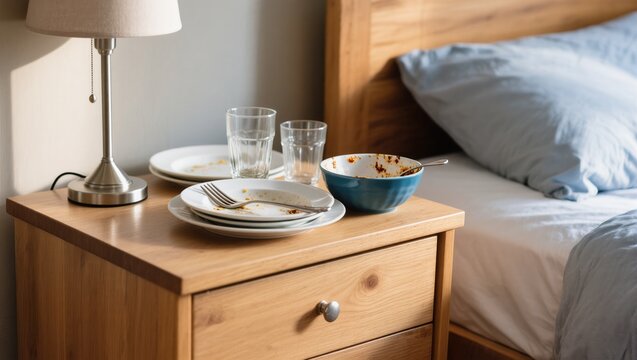 Messy Bedside Table With Dirty Dishes and Bowls Next to Unmade Bed in a Cozy Bedroom Setting