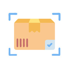 Cartoon parcel package with checkmark, scanner on black background