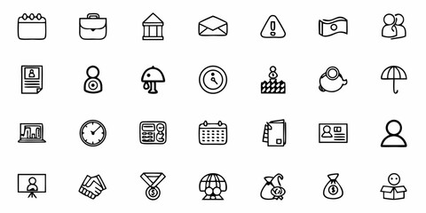 A collection of business and finance themed outline icons arranged in a grid pattern on a white background