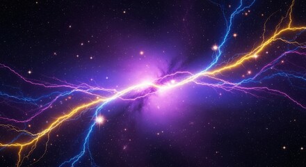 Naklejka premium Vibrant cosmic lightning bolts crackle and illuminate a starry nebula with purple and yellow energy, creating a powerful celestial display