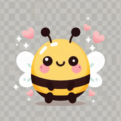 Cute cartoon bee with heart and sparkles on transparent background.