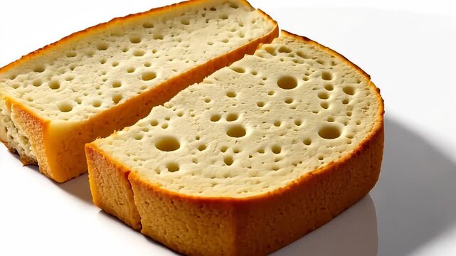 Close-up Views of Two Slices of Bread Highlighting Textured Crusts and Porous Interiors on a White Background