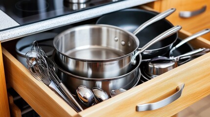 Kitchen drawer filled with cookware