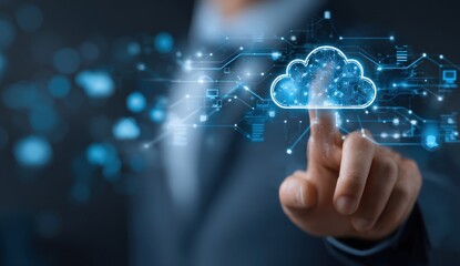 A hand points to a glowing, digital cloud amid circuit patterns and bokeh, suggestive of connectivity and technology