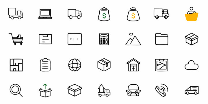 Collection of various line art icons including delivery trucks, money bags, and office supplies arranged