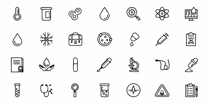 Collection of medical and scientific icons including lab equipment and health symbols in black outline style