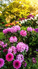 Obraz premium A vibrant garden bursting with colorful rhododendrons and dahlias, bathed in the warm light of a sunny day.