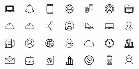Fototapeta premium Line art illustration of various recycling symbols and box icons arranged in a grid pattern design element